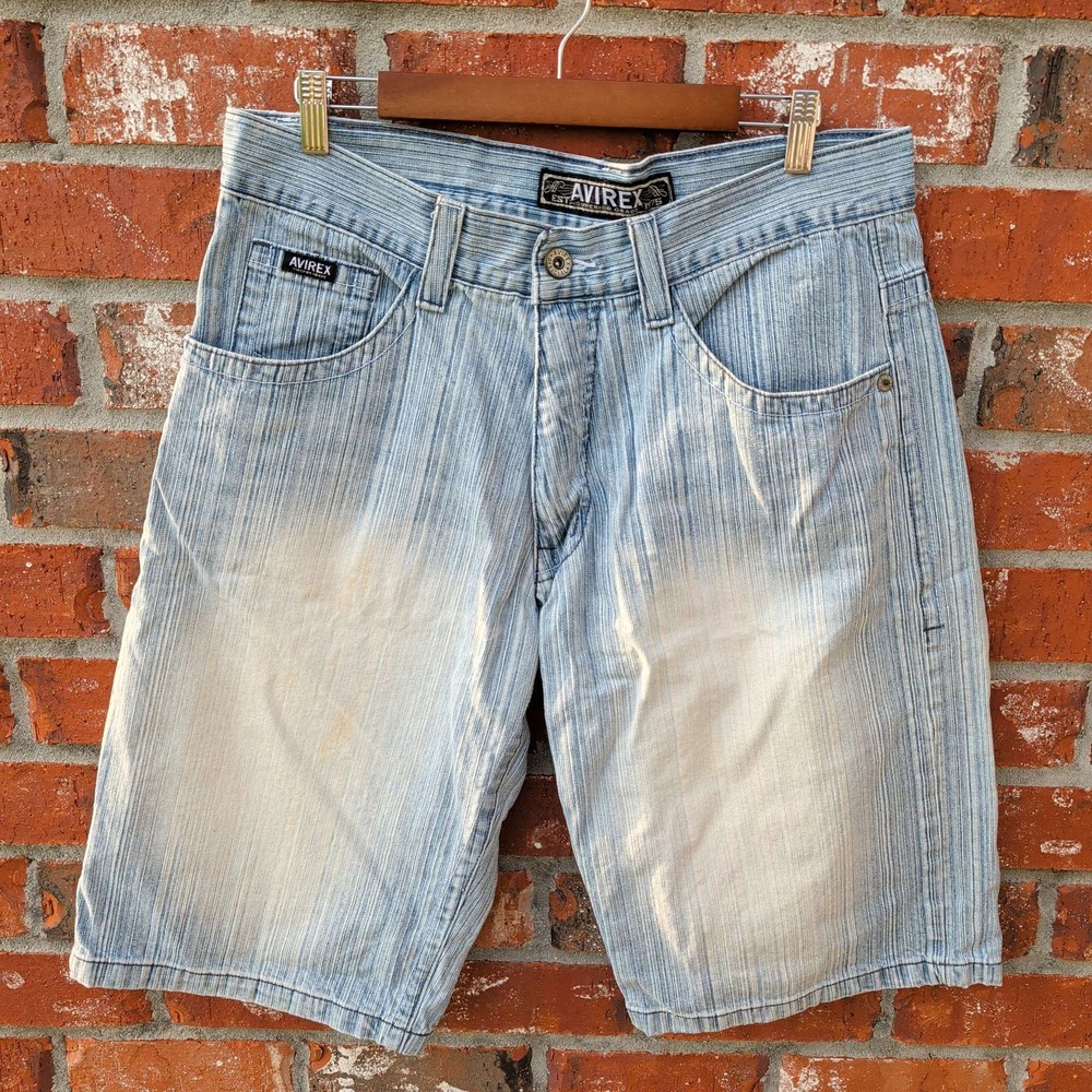 Avirex‎ Denim Shorts Mens 36 Blue Baggy Textured Pinstripe Y2K